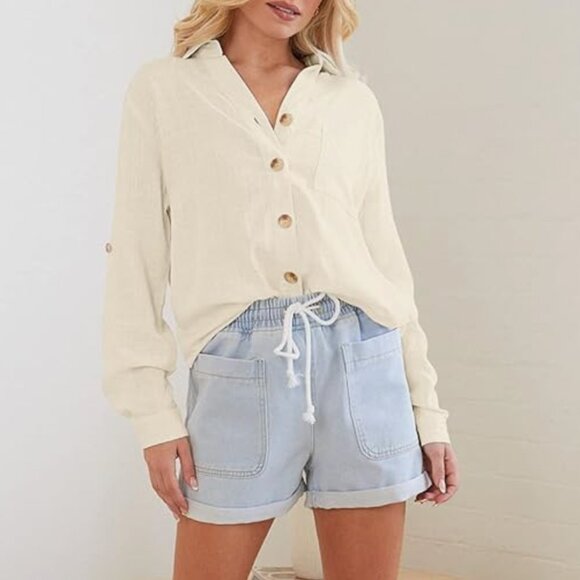 Merryfun Womens Cream Linen Long-Sleeved Blouse - Picture 2 of 5